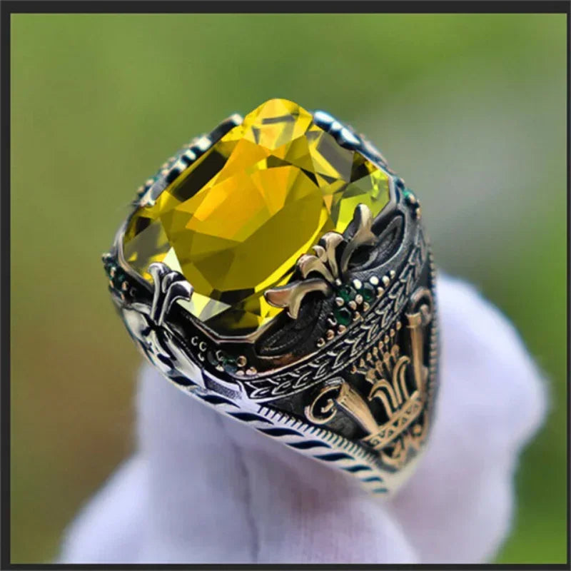 Retro Handmade Turkish Signet Rings for Men Ancient Silver Color Carved Ring
