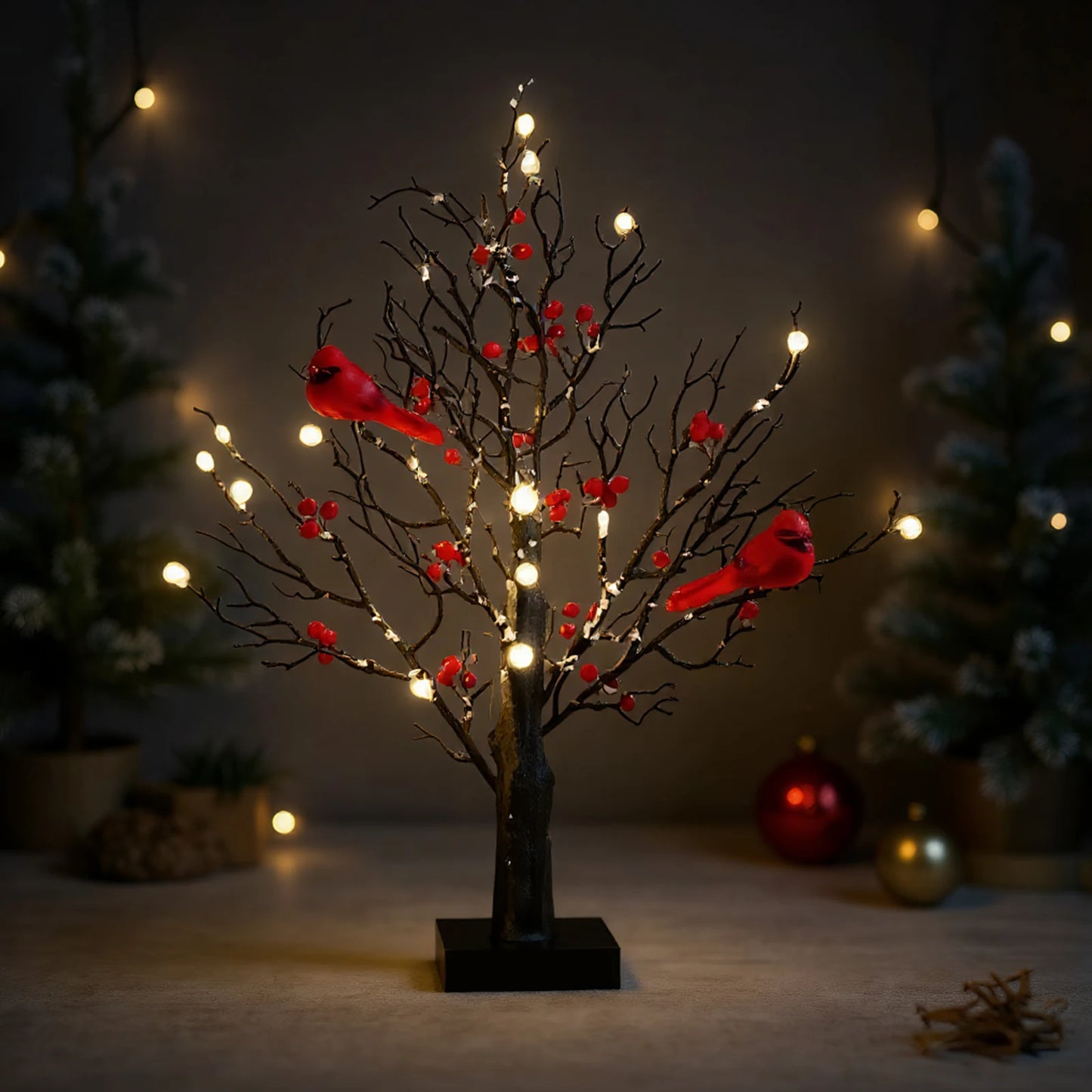 Vintage Glowing Tree with Cardinals Artificial Birch Lighting With Red Berry & Bird Parrots Battery Operated Tabletop Tree Lamp