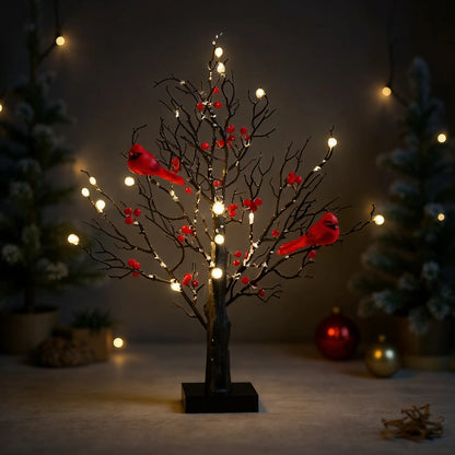 Vintage Glowing Tree with Cardinals Artificial Birch Lighting With Red Berry & Bird Parrots Battery Operated Tabletop Tree Lamp