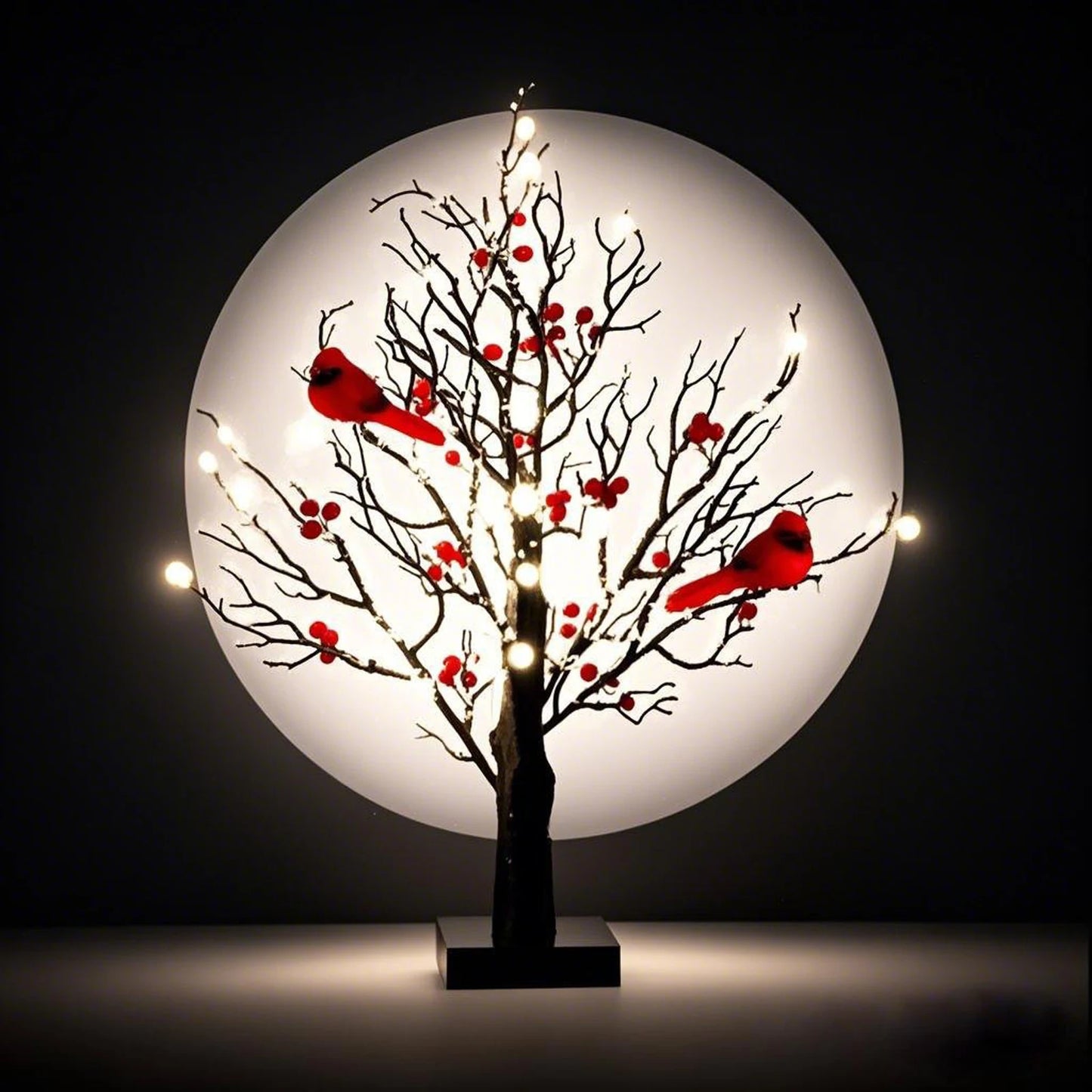 Vintage Glowing Tree with Cardinals Artificial Birch Lighting With Red Berry & Bird Parrots Battery Operated Tabletop Tree Lamp