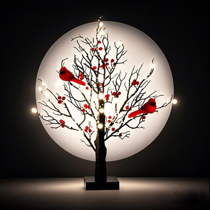Vintage Glowing Tree with Cardinals Artificial Birch Lighting With Red Berry & Bird Parrots Battery Operated Tabletop Tree Lamp