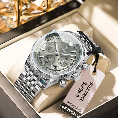 POEDAGAR Business Man Watch Chronograph Date Waterproof Luminous Men's Watches Stainless Steel Trendy Quartz Male Wristwatch Box