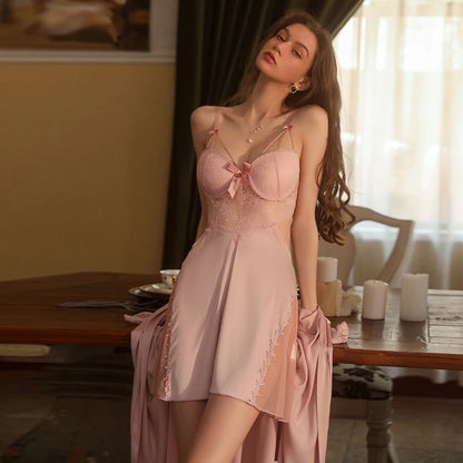SXTHAENOO Vintage Nightgowns Sexy Pajamas Women Sleepwear With Chest Pad Lace Backless Sling Nightdress 2022 New Sleeping Dress