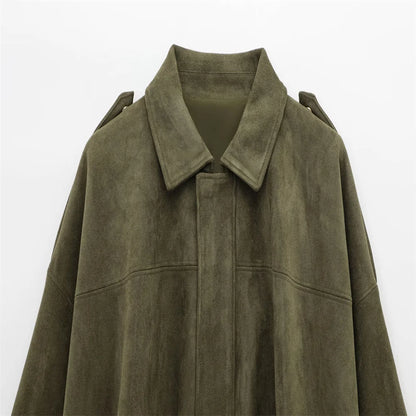 PB&ZA 2025 Women Faux Suede Collared Jacket with Shoulder Straps Loose Fit Stylish Olive Green for Sale on AliExpress