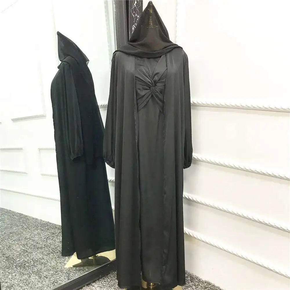 Muslim Hijab Dress Eid Satin Abayas 3 Piece Matching Sets Women Open Turkey Arab Robe Kaftan Kimono Femme Jalabiya Vestidos Gown