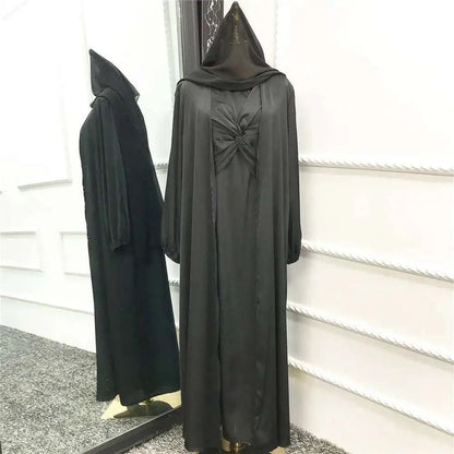 Muslim Hijab Dress Eid Satin Abayas 3 Piece Matching Sets Women Open Turkey Arab Robe Kaftan Kimono Femme Jalabiya Vestidos Gown