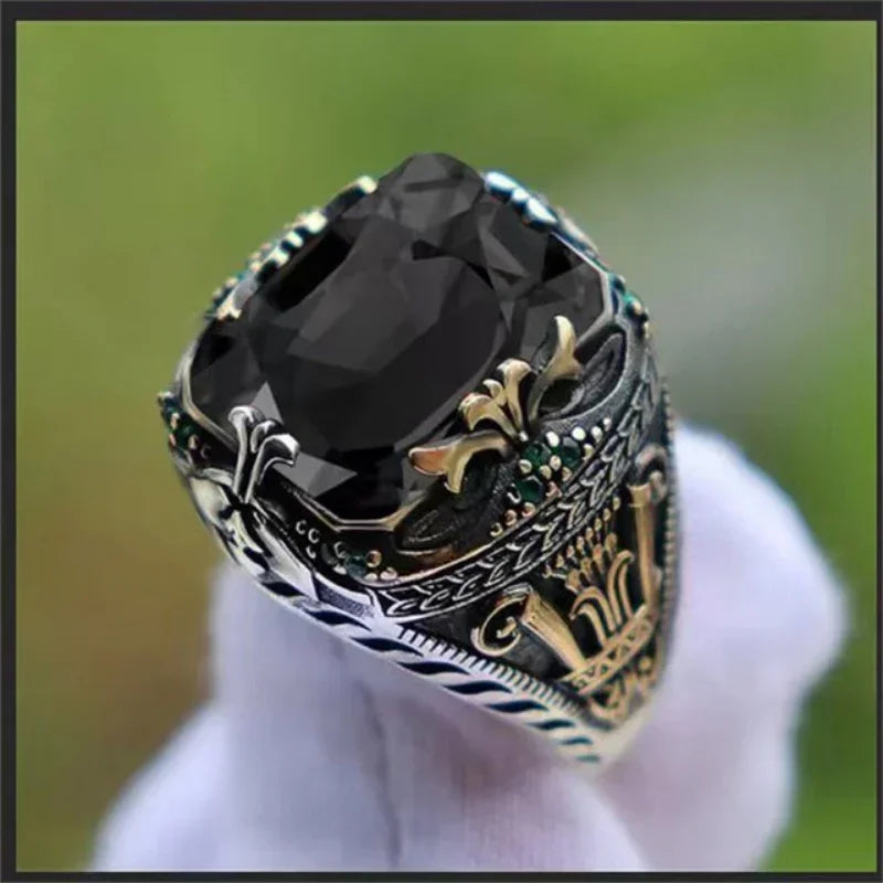 Retro Handmade Turkish Signet Rings for Men Ancient Silver Color Carved Ring