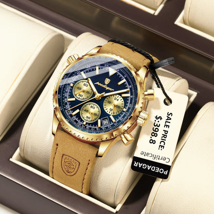 POEDAGAR Luxury Man Watch Quartz Waterproof Luminous Date Chronograph Leather Men Wristwatch