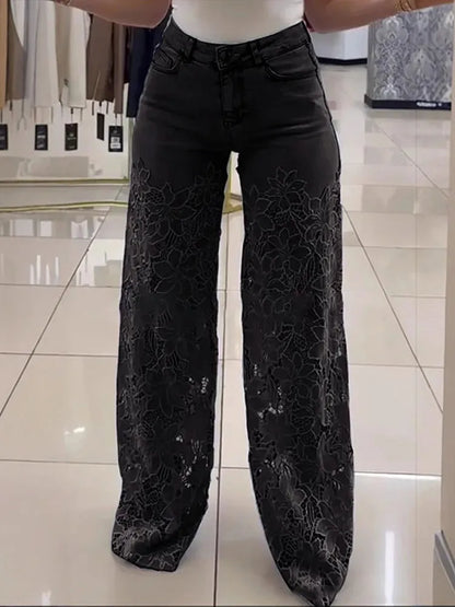 Vintage Hollow Out Lace Flowers Lady Jeans