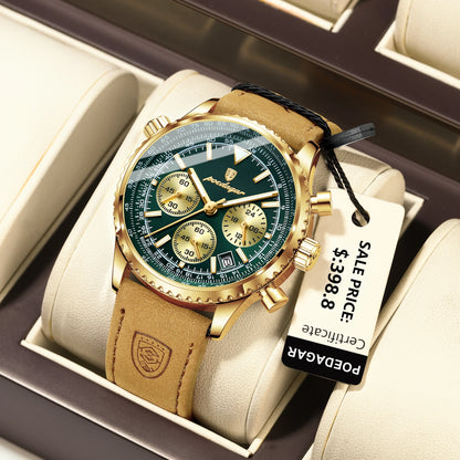 POEDAGAR Luxury Man Watch Quartz Waterproof Luminous Date Chronograph Leather Men Wristwatch