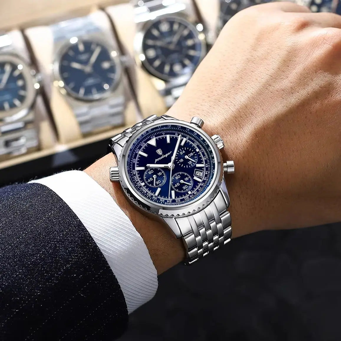 POEDAGAR Business Man Watch Chronograph Date Waterproof Luminous Men's Watches Stainless Steel Trendy Quartz Male Wristwatch Box