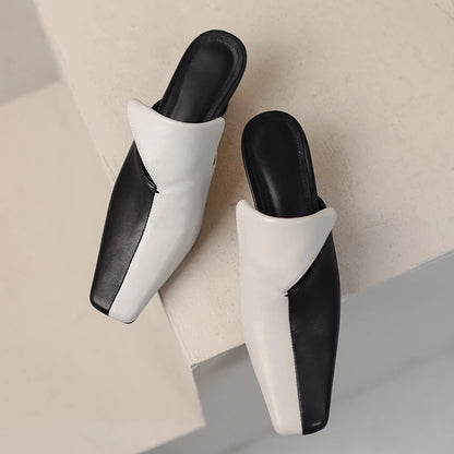 2025 Women Sandals Mixed Colors Quality Genuine Leather Mules High Heels Office Ladies Concise Shoes Woman Spring Summer New