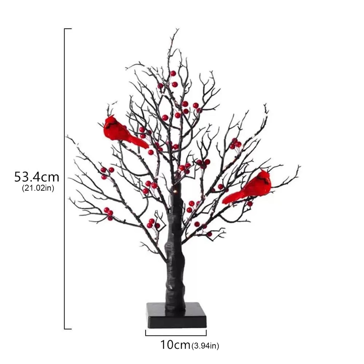 Vintage Glowing Tree with Cardinals Artificial Birch Lighting With Red Berry & Bird Parrots Battery Operated Tabletop Tree Lamp