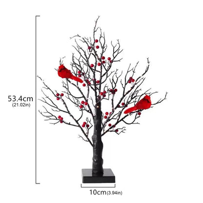 Vintage Glowing Tree with Cardinals Artificial Birch Lighting With Red Berry & Bird Parrots Battery Operated Tabletop Tree Lamp