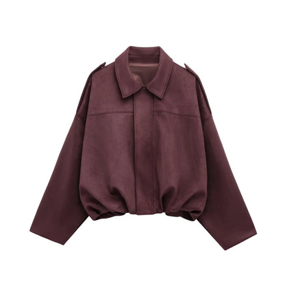 PB&ZA 2025 Women Faux Suede Collared Jacket with Shoulder Straps Loose Fit Stylish Olive Green for Sale on AliExpress