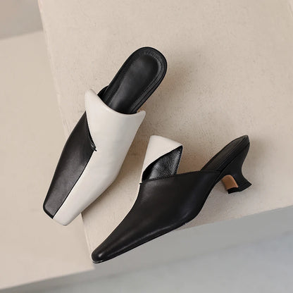 2025 Women Sandals Mixed Colors Quality Genuine Leather Mules High Heels Office Ladies Concise Shoes Woman Spring Summer New