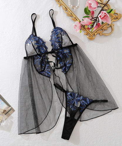 Sexy Lingerie Women Black Sleepwear Pajamas See Through Dress Sexiest Nighties Sex Nightgown Erotic Deep V Sleepdress Thong Set