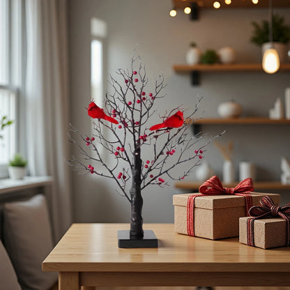 Vintage Glowing Tree with Cardinals Artificial Birch Lighting With Red Berry & Bird Parrots Battery Operated Tabletop Tree Lamp