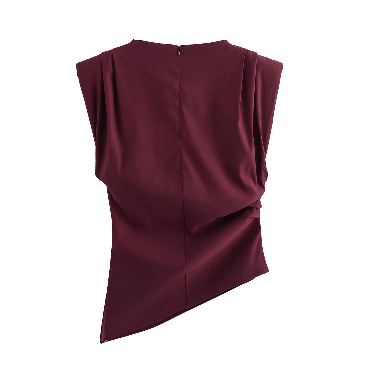 2025 Summer Asymmetric Tank Women Wine Red/Brown/Black Ruched Sleeve Office&Party Tops Breathable Stretchy Slim Fit Streetwear