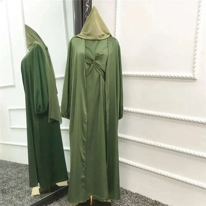 Muslim Hijab Dress Eid Satin Abayas 3 Piece Matching Sets Women Open Turkey Arab Robe Kaftan Kimono Femme Jalabiya Vestidos Gown