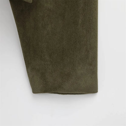 PB&ZA 2025 Women Faux Suede Collared Jacket with Shoulder Straps Loose Fit Stylish Olive Green for Sale on AliExpress