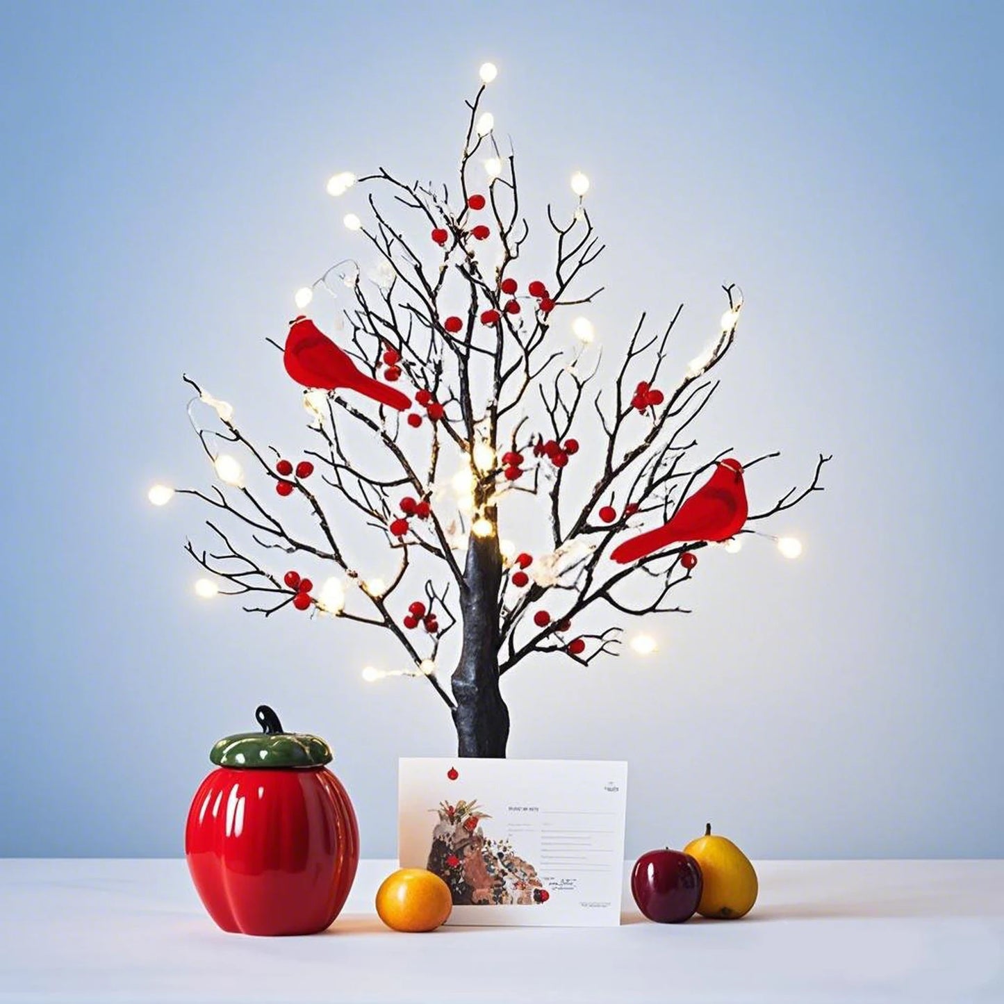 Vintage Glowing Tree with Cardinals Artificial Birch Lighting With Red Berry & Bird Parrots Battery Operated Tabletop Tree Lamp