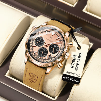 POEDAGAR Luxury Man Watch Quartz Waterproof Luminous Date Chronograph Leather Men Wristwatch