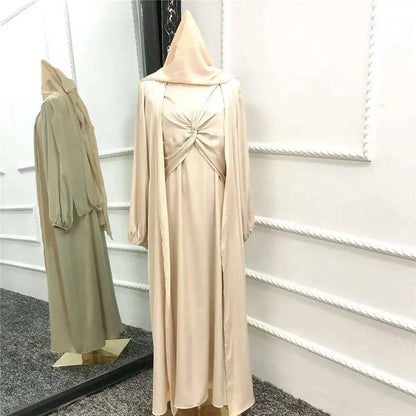 Muslim Hijab Dress Eid Satin Abayas 3 Piece Matching Sets Women Open Turkey Arab Robe Kaftan Kimono Femme Jalabiya Vestidos Gown