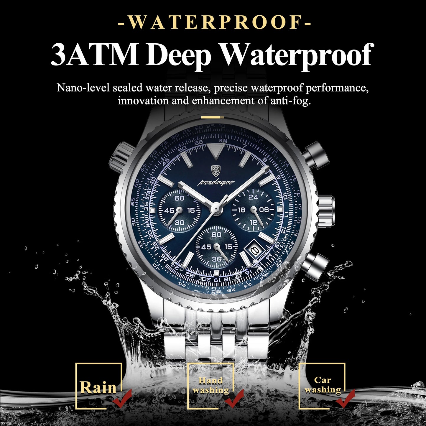 POEDAGAR Business Man Watch Chronograph Date Waterproof Luminous Men's Watches Stainless Steel Trendy Quartz Male Wristwatch Box