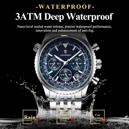 POEDAGAR Business Man Watch Chronograph Date Waterproof Luminous Men's Watches Stainless Steel Trendy Quartz Male Wristwatch Box