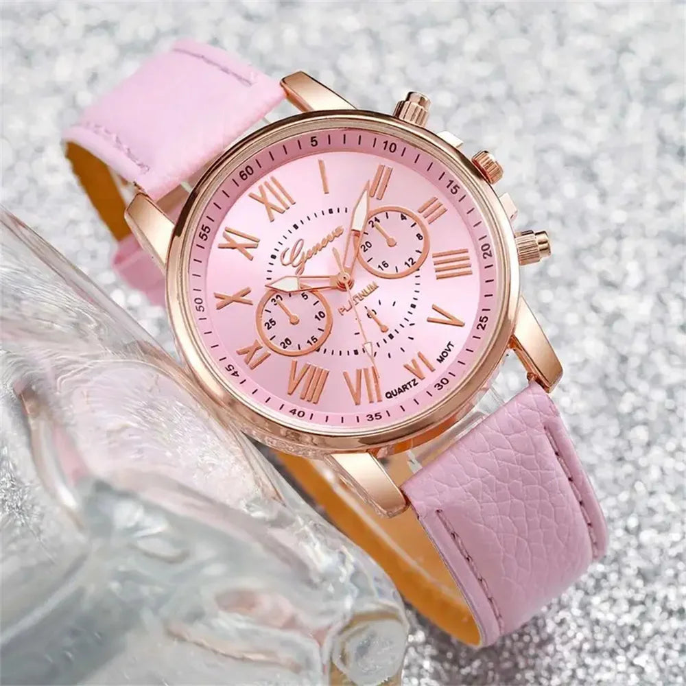 5PCS Women's Watches Fashion Roma Dial Leather Band Quartz Watch（Without Box