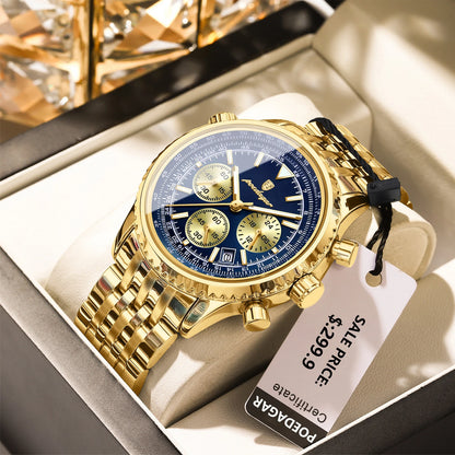 POEDAGAR Business Man Watch Chronograph Date Waterproof Luminous Men's Watches Stainless Steel Trendy Quartz Male Wristwatch Box