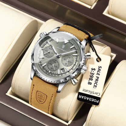 POEDAGAR Luxury Man Watch Quartz Waterproof Luminous Date Chronograph Leather Men Wristwatch
