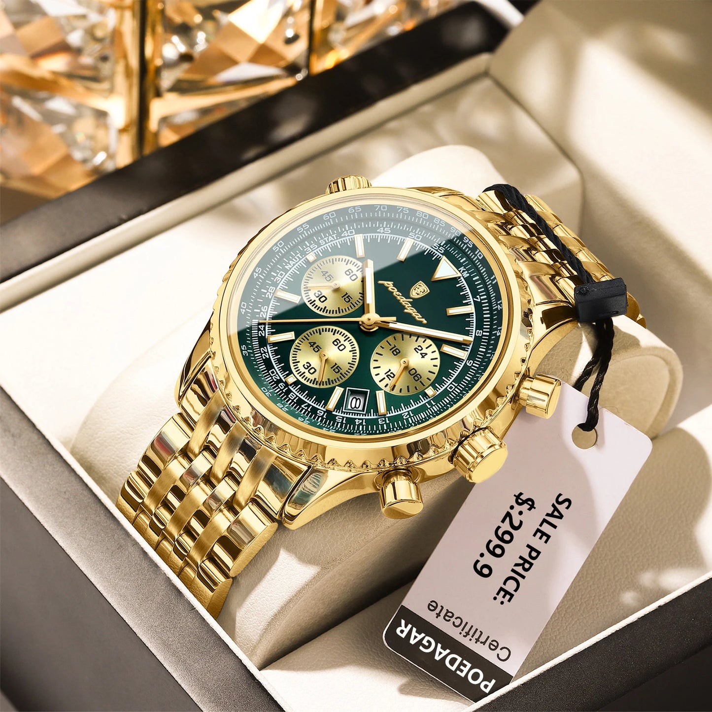 POEDAGAR Business Man Watch Chronograph Date Waterproof Luminous Men's Watches Stainless Steel Trendy Quartz Male Wristwatch Box