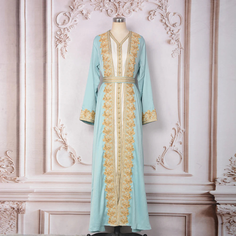 Muslim Sets Women Embroidery Evening Dress Dubai Abaya Turkey Kaftan Eid Djellaba Ramadan Morocco Caftan Gown Jalabiya Vestido